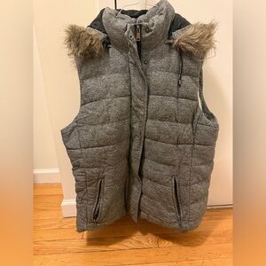 Banana Republic Gray Puffer Vest with Faux Fur Trim